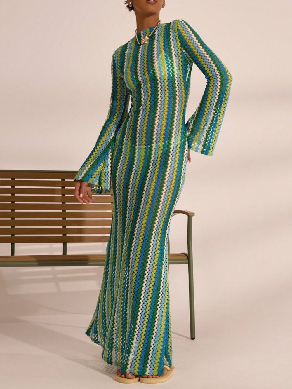 Multicolor Boho Women's Textured Stripe Knit Flared Maxi Dress